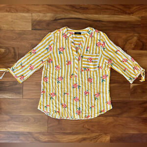 Papaya Yellow & White Floral Stripe Blouse with Tie Sleeves size 14